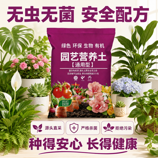 [主图-6] 营养土无虫无菌品质承诺展示
[氛围风格] 安全放心园艺风，直白可信拼多多风格
[画质] 商业摄影质感、光线柔和通透、产品清晰真实、画面干净高级
[元素] 紫色包装营养土居中放置，周围摆放预览效果