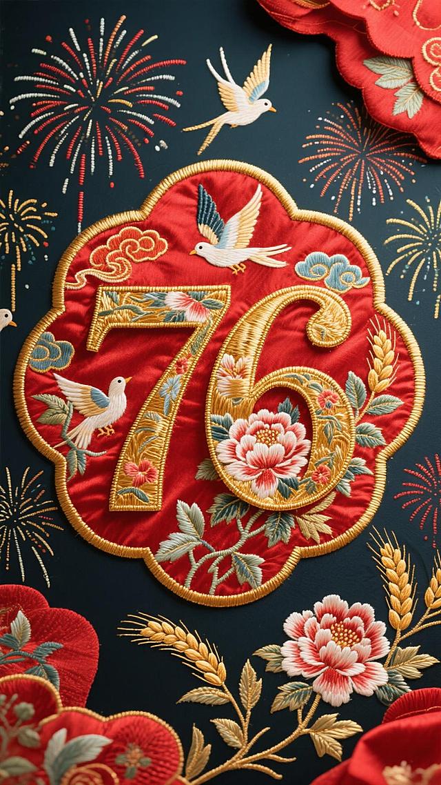 核心主体: 精美复杂的刺绣艺术，国庆节主视觉，中心是突出优雅的3D数字“76”。

数字细节: 数字由金色金属线绣制，内部填充着牡丹、祥云等传统图案，具有凸起的、有纹理的针脚效果。

背景元素: 背景是深红色丝绸面料，绣有飞翔的和平鸽、盛开的牡丹和精致的麦穗。

氛围渲染: 数字周围有绚丽的烟花绽放。光线温暖喜庆，投射出柔和的阴影以增强立体感。

风格关键词: 丰富、鲜艳的色彩，精致的细节，刺绣纹