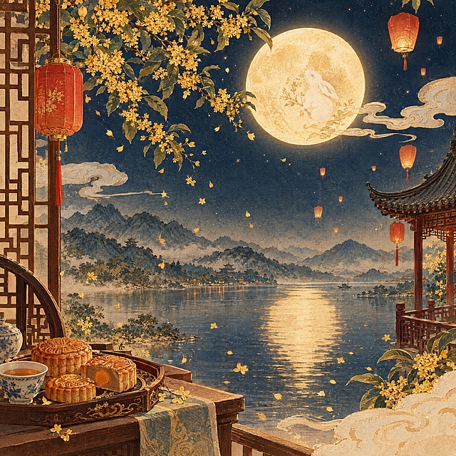 中秋节主题插画，一轮皎洁满月高悬夜空，月中有玉兔形象，桂花枝桠舒展，金色桂花纷纷飘落，中式红灯笼与孔明灯点缀夜空，祥云纹样飘逸缭绕，远处黛色山峦剪影，平静湖面映出月影倒影，摆放着精致月饼，中式窗棂与古亭一角入画，整体带有宣纸质感与金箔纹理，秋日夜空深邃，暖黄色月光柔和洒落，留白构图，浓厚节日氛围感，寓意团圆与花好月圆，国风工笔插画风格，细腻精致