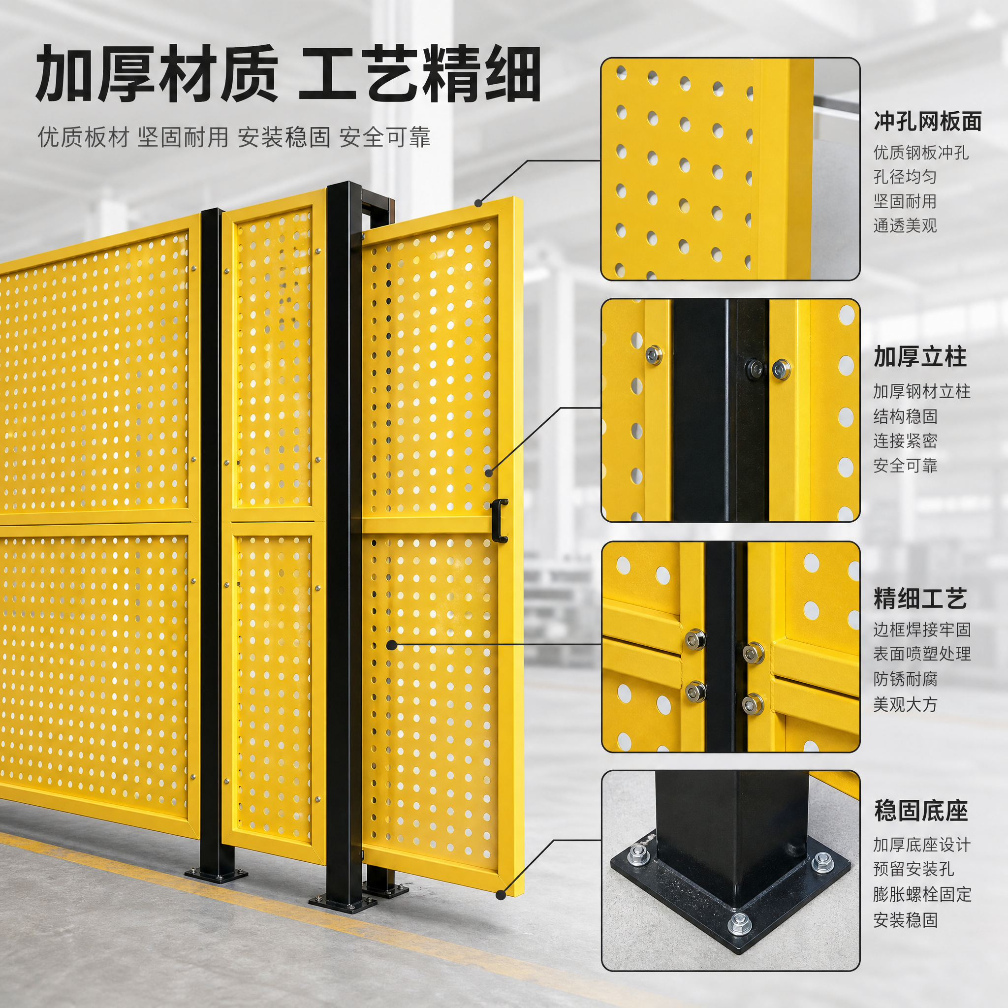 [主图-3] 车间围挡材质工艺细节图，展示冲孔网结构和连接细节… - 图片创意预览