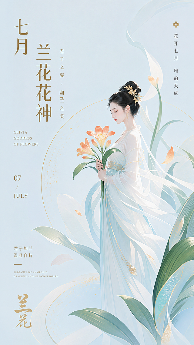 七月兰花花神海报，现代简约风格，搭配浅蓝色背景，展现君子兰花与花神形象
