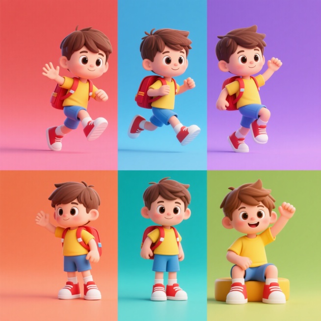 6个不同造型的3D卡通风格男孩角色系列，保持原角色特征（棕色短发、大眼睛、黄色上衣、蓝色短裤、红色书包、红白运动鞋），每个角色呈现完全不同的动态姿势（如挥手、奔跑、跳跃、站立、坐姿、欢呼），画面整体色彩分别变换为蓝紫色调、橙红色调、绿色调、粉色调、青蓝色调、黄棕色调，每个角色置于纯色背景上，所有角色规整排布形成系列素材集合，3D渲染，材质光滑，光影柔和，色彩明亮，卡通风格统一预览效果