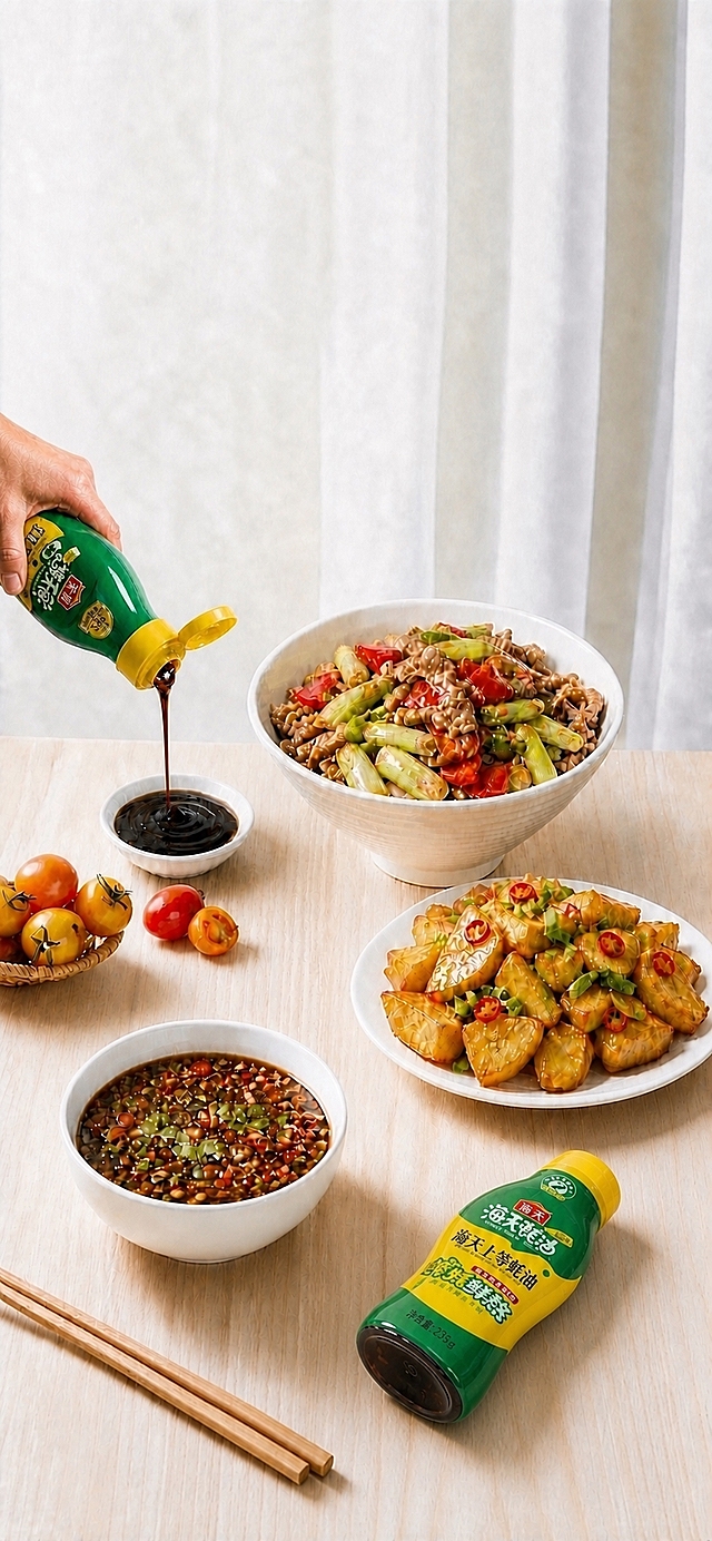 保持这张图片的所有菜品样式、桌面背景、光影色调、画布尺寸完全不变，调整两个蚝油瓶的大小：1. 右下角斜躺的海天蚝油瓶，调整到宽度和装土豆的盘子宽度差不多大小，比例真实自然；2. 左上角正在倾倒的蚝油瓶，也按相同比例调整大小，与右下角蚝油瓶尺寸一致，和手的比例协调；3. 蚝油流出的线条和小碟子也相应匹配调整，整体比例统一。所有菜品本身的大小和位置保持不变，只调整蚝油瓶的尺寸。