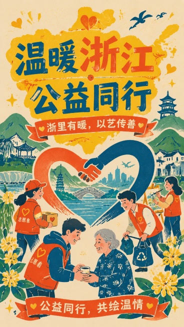 复古版画撞色插画风格公益海报，紧扣主题"温暖浙江・公益同行"，展现浙江山水人文公益场景，将浙江山水轮廓与公益爱心手拉手图形结合，融入公益志愿者服务元素，传递温暖，呼吁社会参与，版式精美，核心广告语：主预览效果