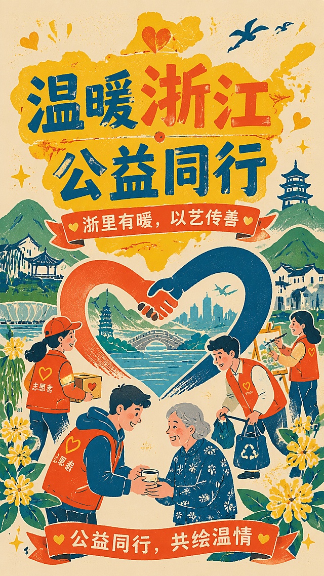 复古版画撞色插画风格公益海报，紧扣主题"温暖浙江・公益同行"，展现浙江山水人文公益场景，将浙江山水轮廓与公益爱心手拉手图形结合，融入公益志愿者服务元素，传递温暖，呼吁社会参与，版式精美，核心广告语：主标题"温暖浙江・公益同行"，副标题"浙里有暖，以艺传善"，底部装饰文字"公益同行，共绘温情"，整体风格参考提供的参考图，保持色块撞色和版画肌理风格，9:16比例，适合线上线下传播