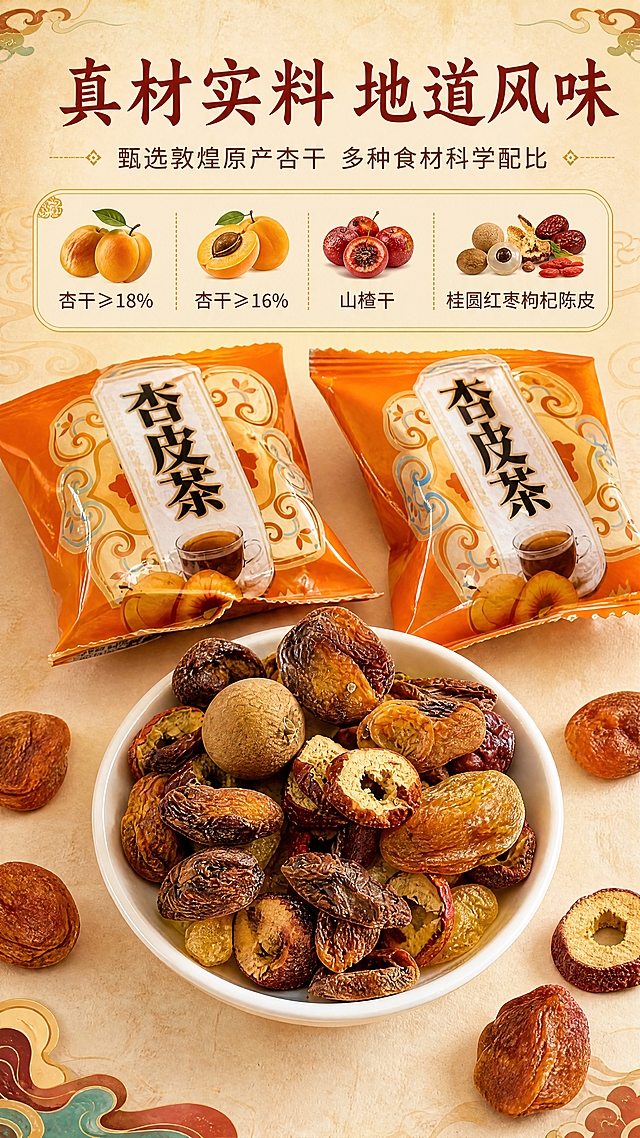 [商品] 使用【图2】杏皮茶原料实拍图；保留碗中杏干、山楂干、桂圆、葡萄干、红枣等真实原料形态与自然色泽，保留后方两袋橙色独立小包装的"杏皮茶"字样与传统纹样；商品处理：增强原料颗粒质感与色泽饱和度，去除碗边与背景细小杂点，保持原料真实形态不美化过度。
[画面] 目标为成分原料专张，突出真材实料与地道配方；原料微距满版构图，白色瓷碗中原料占画面中心50%以上，碗周围散落几颗杏干与山楂片做前景；上方30%区域为标题与成分说明区；背景为浅米黄宣纸质感底，带淡敦煌纹样暗纹；整体≥3层视觉层次。
[视觉] 套系策略：风格=国潮敦煌风商业摄影；标题字=国风宋体粗体；正文字=简洁无衬线体；主色=朱红暖橙；背景延展=基于朱红暖橙做深浅渐变、同色系祥云纹理与纸张质感；强调色=鎏金色，仅用于小面积图标、引线和标签装饰；标题色=深朱红；正文色=暖棕褐；组件=圆角暖底信息卡、细金线引线、敦煌纹样装饰边；光影=顶部柔和自然光，原料颗粒立体感强，阴影自然。
[文字] 上方横排主标题"真材实料 地道风味"，副标题"甄选敦煌原产杏干 多种食材科学配比"；下方分4列横排展示4种核心原料名称："杏干≥18%""杏干≥16%""山楂干""桂圆红枣枸杞陈皮"，配小图标；文字全部横向排版，不遮挡碗中原料主视觉。
[规格] 图片比例9:16竖版，4K，medium质量，避免变形、错字、文字过小、冷蓝灰背景、原料形态失真、虚假功效表述。