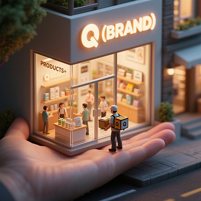 超逼真微缩比例的 [BRAND] 展厅稳稳地摆放在一只手掌上，展厅采用透明玻璃墙设计。室内有微型、栩栩如生的人物，正在享受 [PRODUCTS]。展厅顶部有一个发光的 3D 立体Logo，前立面以醒目的品牌字体呈现品牌名称。展厅外，一位微型外卖员背着品牌配送背包，正准备送货。展厅内部被打造成温馨的零售空间，陈列着微型产品与品牌细节。整体灯光为电影级暖色氛围光，细节清晰、自然阴影层次分明。画面以专业产品摄影风格呈现，整体画面鲜明、有识别度、具有标志性视觉印象。