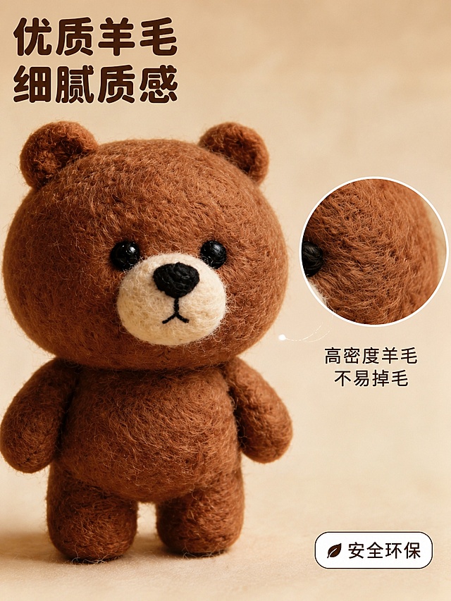 [主图-3] 羊毛毡戳戳乐材质细节图 微距质感展示
[氛围风格] 精致治愈 手工质感
[画质] 微距商业摄影质感 细节锐利 羊毛纹理清晰 画面干净高级
[元素] 画面主体为一只棕色小熊羊毛毡玩偶的正面特写 重点展示脸部细节 包括黑色圆眼睛 黑色鼻子 白色嘴周部分 棕色羊毛质感 画面右侧有一个圆形放大框 放大展示羊毛纤维的细腻纹理和戳制工艺 背景为浅米色渐变虚化 保持棕色小熊羊毛毡玩偶外观 即物理结构 材质质感 颜色 与输入产品图绝对一致 杜绝任何变形和色差 精细化处理 商品主体占比约70% 画面满屏无边框
[光影] 柔和侧光从左侧照射 突出羊毛的立体纹理和蓬松感 明暗过渡自然 质感强烈
[配色] 主色调暖棕色 浅米色 辅色黑色 白色 温暖柔和
[视角构图] 平视略微仰视角度 主体偏左 右侧放大框作为补充 构图平衡
[文字版式] 画面左上角主标题 优质羊毛 细腻质感 大号粗体圆润字体 深棕色 放大框下方配文字 高密度羊毛 不易掉毛 中号字体 深棕色 画面底部右侧小标签 安全环保 圆角白底棕字 文字均不遮挡主体
[输出要求] 3:4比例 文字清晰可辨 超高清商业摄影质感
[负向提示词] 变形 文字错乱 产品图模糊 背景杂乱 水印 电商平台Logo