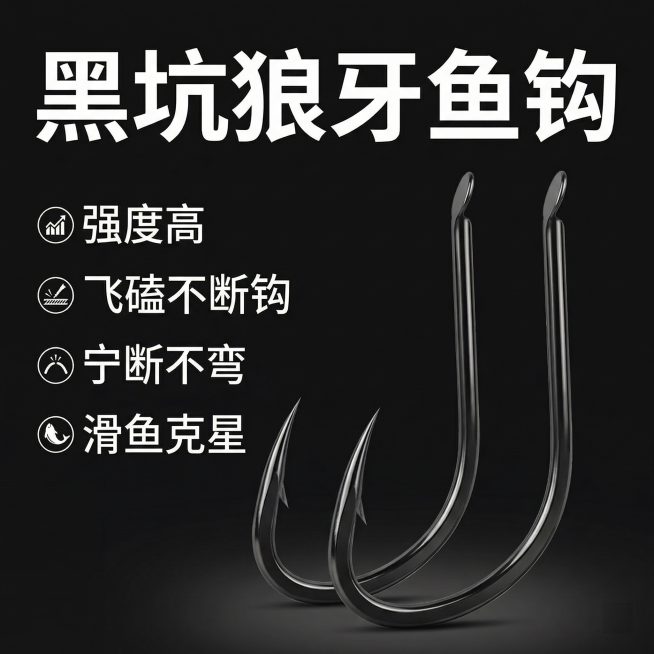 生成一张拼多多平台的商品主图，比例为1:1，商品是黑坑狼牙鱼钩，参考示例图保留鱼钩外观，只放不超过两个鱼钩，产品名"黑坑狼牙鱼钩"放大展示，文字与背景颜色不同。商品核心卖点：强度高、飞磕不断钩、宁断不预览效果
