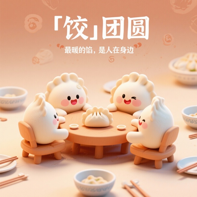 现在要为盈温暖，「饺」好运这个大主题，围绕一些小主题做系列海报，生成5张海报，画面主题都是饺子，配上分别给出的文案，要契合当下审美潮流，且各个海报风格统一成系列，注意饺子不需要太写实，可以稍微卡通一点预览效果