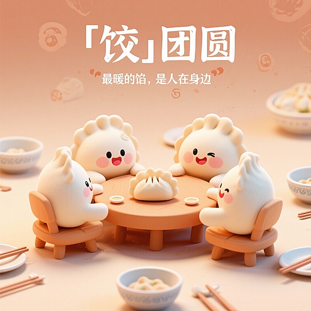 现在要为盈温暖，「饺」好运这个大主题，围绕一些小主题做系列海报，生成5张海报，画面主题都是饺子，配上分别给出的文案，要契合当下审美潮流，且各个海报风格统一成系列，注意饺子不需要太写实，可以稍微卡通一点。
文案如下：
海报1文案：
「饺」好运
心向暖光，自有佳音

海报2文案：
「饺」好友
相聚有时，温暖相知

海报3文案：
「饺」喜气
热闹入口，喜上心头

海报4文案：
「饺」团圆
最暖的馅，是人在身边

	海报5文案：
「饺」财气
元宝入腹，福财两全