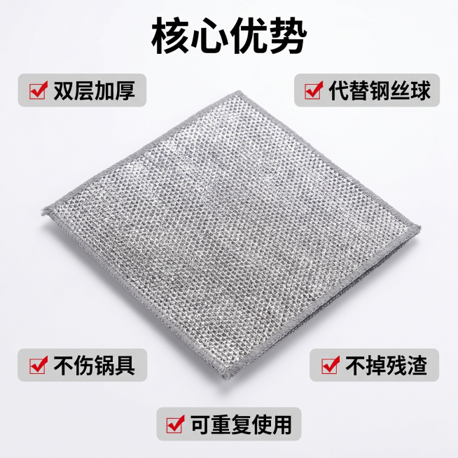 [主图 2] 核心亮点卖点展示银丝洗碗抹布。
[氛围风格] 干净简洁商业风，突出功能卖点。
[画质] 商业摄影质感、光线柔和通透、产品清晰真实、画面干净高级。保持银丝抹布外观（物理结构、网状材质质感、预览效果