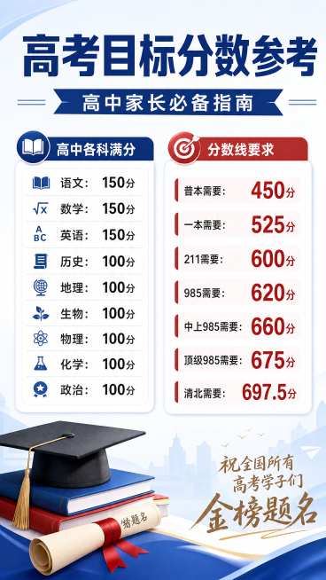 高中的家长一定要知道语文:150分数学:150分英语:150分历史:100分地理:100分生物:100分物理:100分化学:100分政治:100分普本需要:750分x60%=450分一本需要:750分预览效果