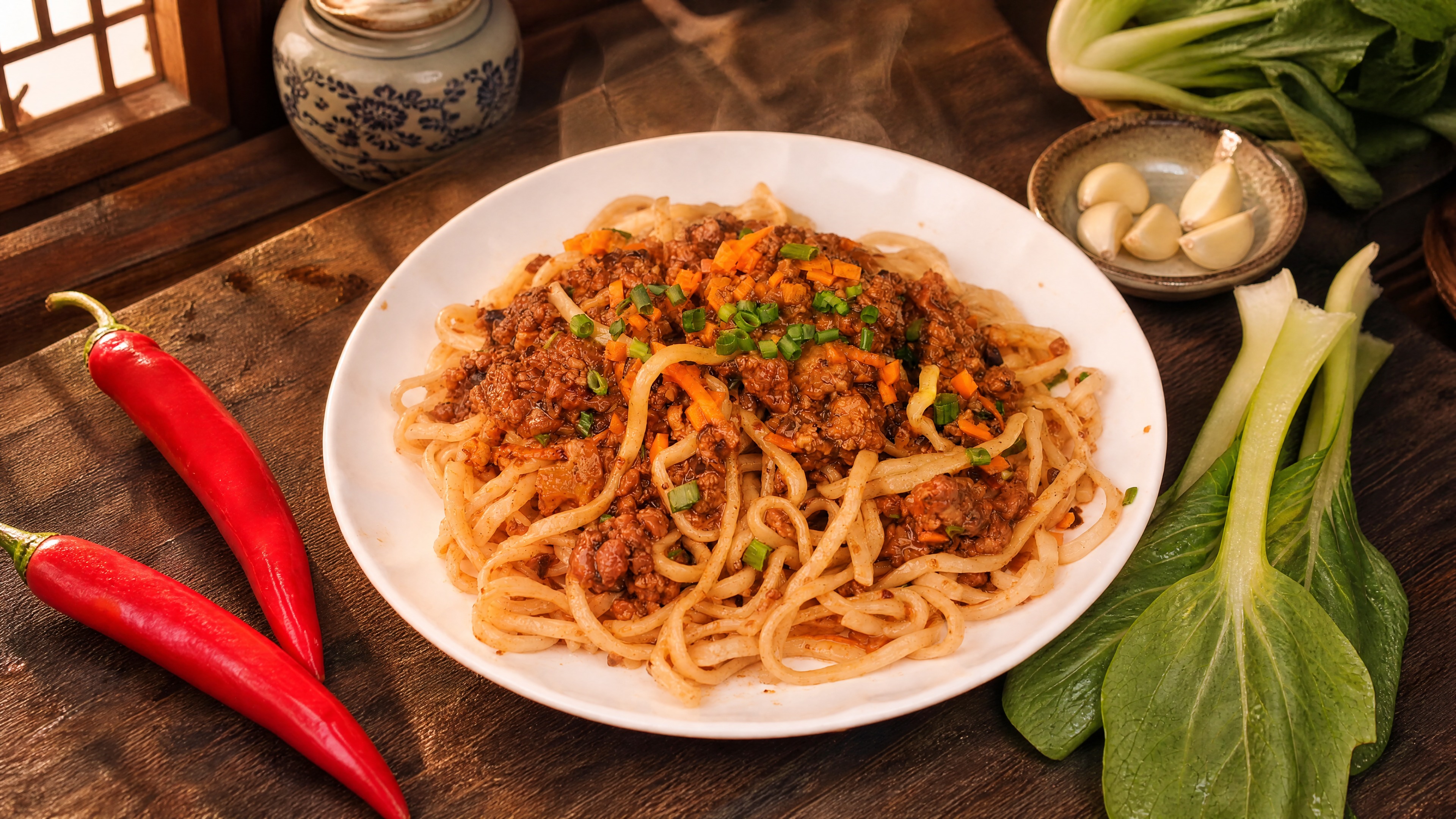 肉酱拌面严格参照上传产品图，完整保留白盘、面条、肉酱、胡萝卜丁… - 图片创意预览