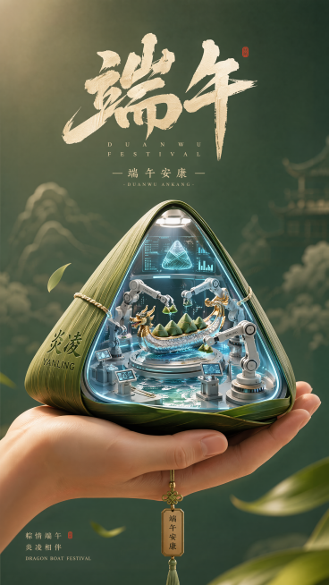竖版长幅商业端午海报，画面中心是一只写实人类手掌托举三角粽子造型物体，粽子外侧包裹鲜绿色粽叶，内侧为透明玻璃空腔，空腔里微缩还原泛着冷蓝光的霓虹灯带勾勒舱体轮廓，空间中央漂浮着带金属鳞纹的银白龙舟，龙预览效果