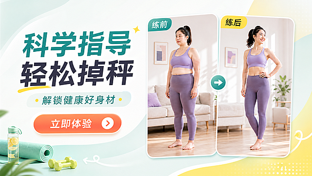 Keep app信息流推广素材图，主标题"科学指导 轻松掉秤"，副标题"解锁健康好身材"，按钮文案"立即体验"，文字做设计感排版，配图是女生锻炼减肥前后的对比图，保持参考图一致的对比人物内容，颜色清新活泼，比例16:9，做全新设计排版，搭配区别于前面文案的清新配色