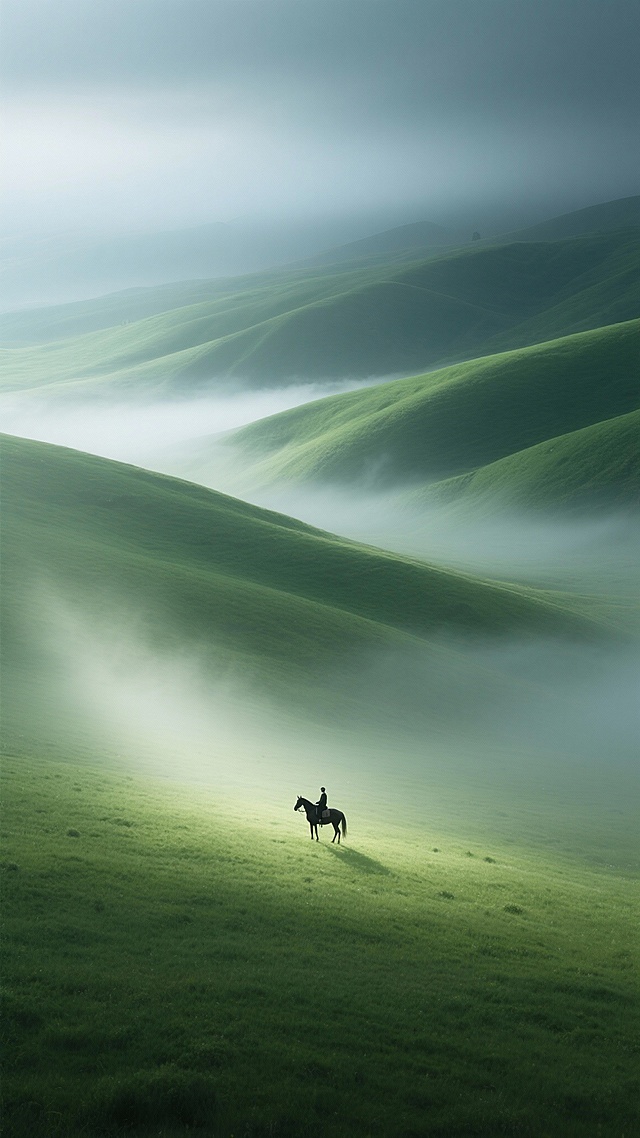 雾霭弥漫的绿野之上，一骑孤影穿行于光影之间，剪影风与印象画派交融，营造静谧朦胧的唯美感，宛如油画中走出的诗意梦境。