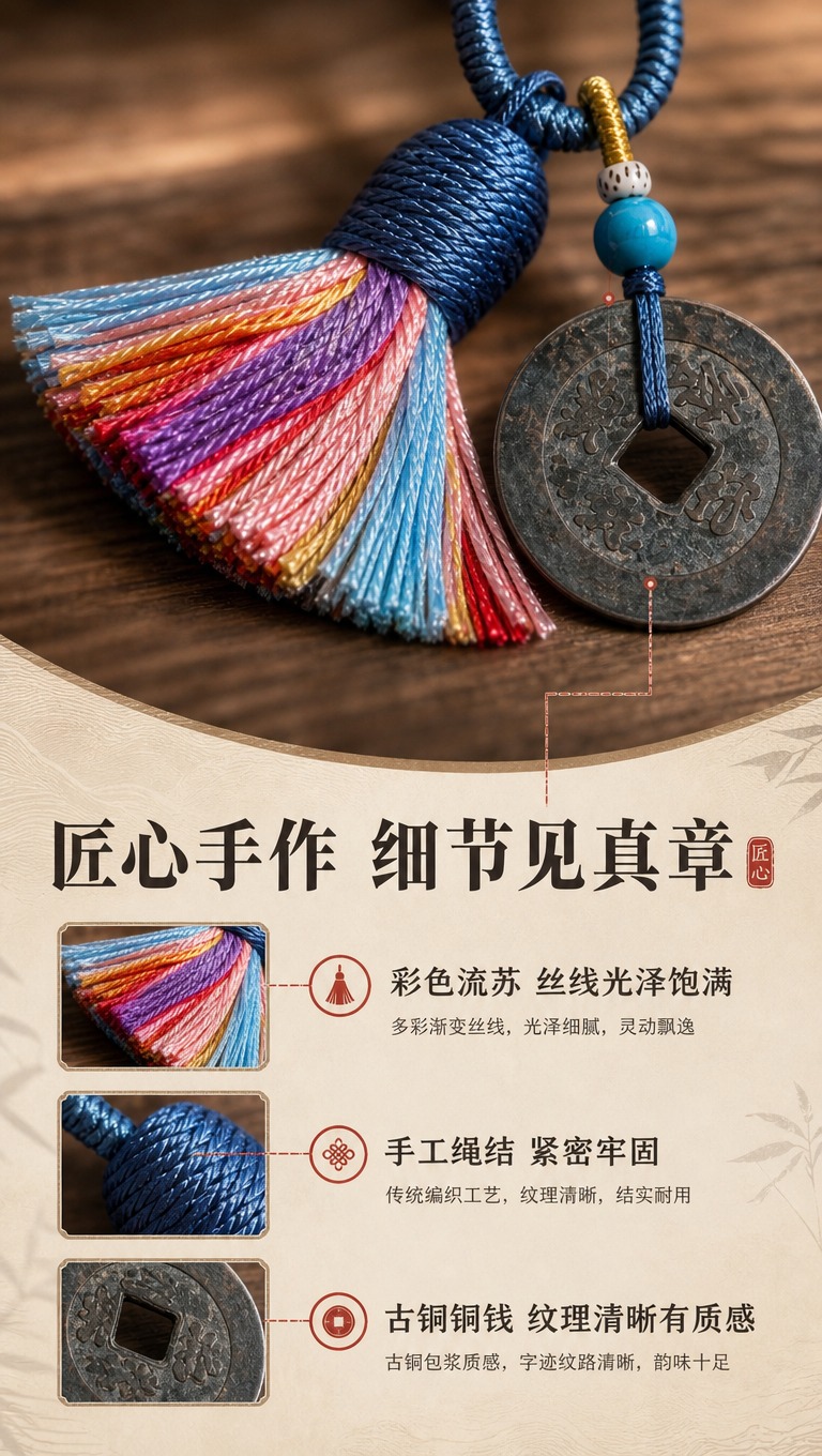 [商品] 使用【图1】雾霾蓝绳彩色流苏铜钱钥匙扣挂件；保留编织… - 图片创意预览
