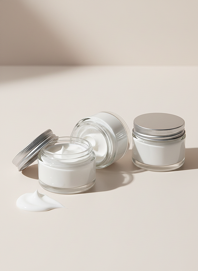 三瓶图中主体，其中一瓶打开，露出顶部光滑的奶油状乳霜；一瓶侧躺，另一瓶盖紧。旁边有一小滩乳霜膏体。柔和的摄影灯光，浅景深效果，高清写实，极简构图，高端护肤产品风格，温暖配色，现代美学设计。