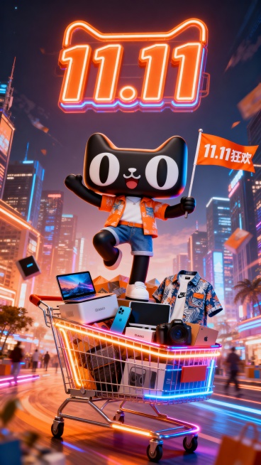 国际潮流酷炫风格，全景，活力橙、科技蓝为主色调，广角摄影，画面中心是巨大的超级可爱的天猫人偶穿着夏季的服饰站在堆满各类双十一爆款商品的购物车旁，购物车装饰着闪烁的霓虹灯带，商品包括时尚电子产品、夏季潮预览效果