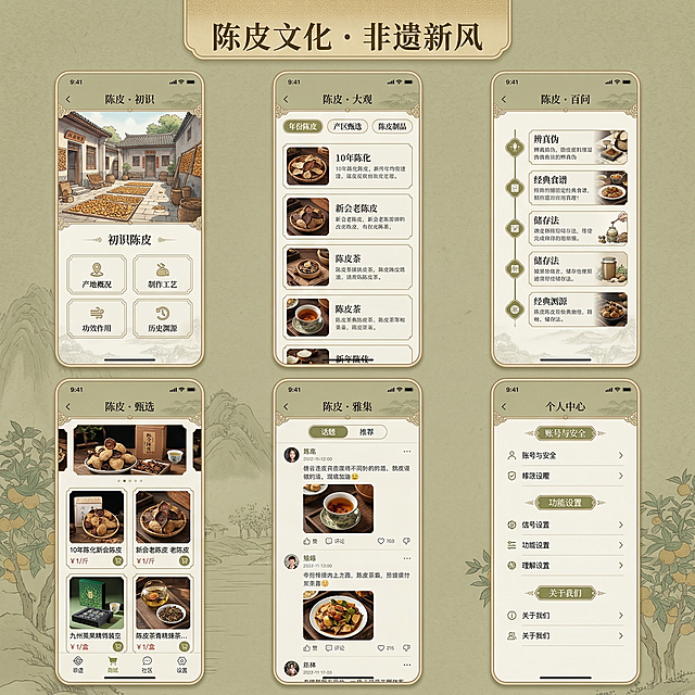 参考提供图片的非遗古风茶文化UI设计风格，生成一套以陈皮介绍为主题的六组手机端UI界面设计，整体为浅棕绿色新中式国风配色，包含陈皮介绍、陈皮分类、陈皮知识、陈皮商城、陈皮社区、设置六个页面，保持原设计的古风边框、山水淡纹背景、雅致排版风格，主题改为陈皮文化。