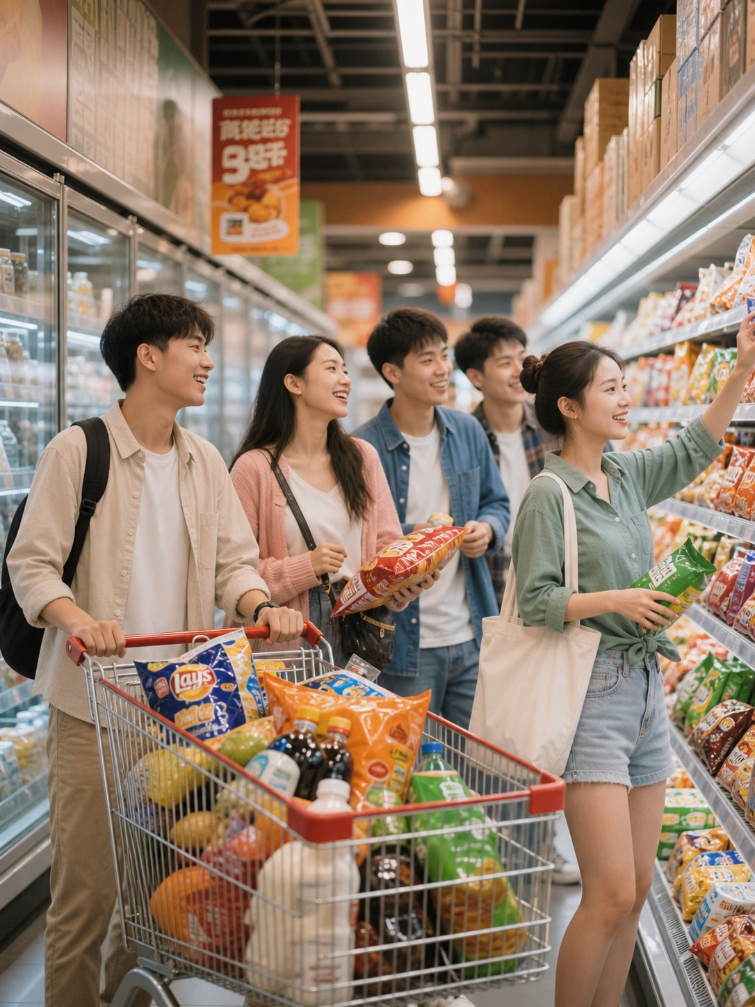 参考图中的超市购物场景摄影风格，重新生成画面：多名年轻大学生男… - 图片创意预览