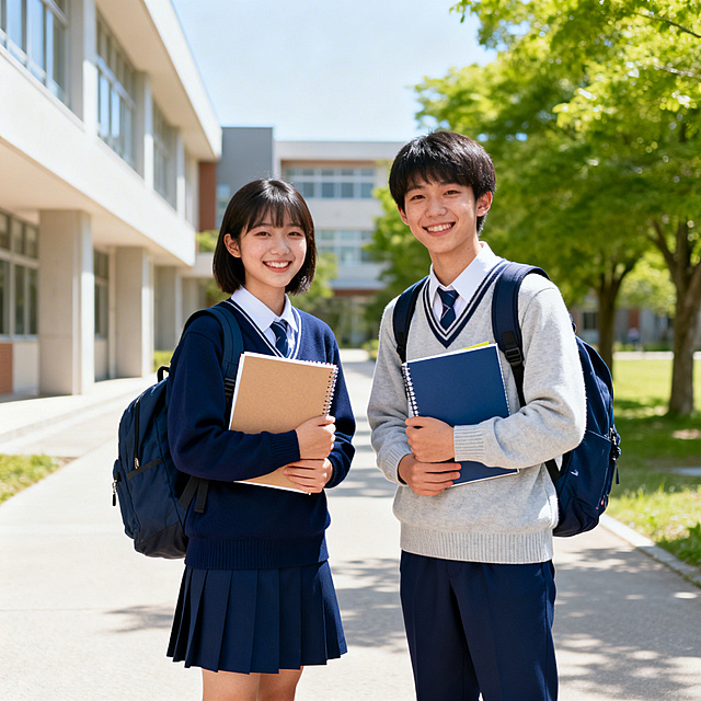 two high school students standing on a sunny campus walkway, wearing navy blue school uniforms and light sweaters, holding notebooks and backpacks, modern school buildings and green trees in background, natural sunlight, youthful and positive atmosphere, candid smile, lifestyle photography, shallow depth of field, realistic photo, high detail