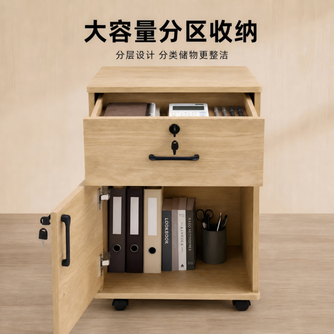 将图片中柜子抽屉和门上原本银色的拉手改成和参考图一致的黑色拉手，其他内容保持不变，文字内容也保持不变预览效果