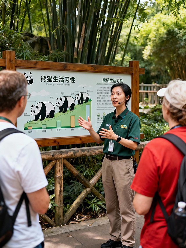 帮我生成成都大熊猫基地导游给外宾讲解的画面，10张