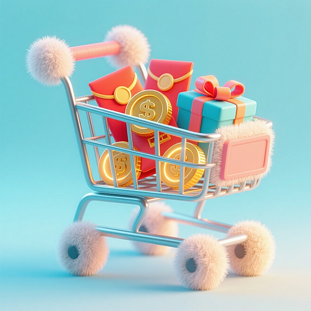 软3D风购物车，可爱感十足，载满红包与金币，节日氛围浓厚。