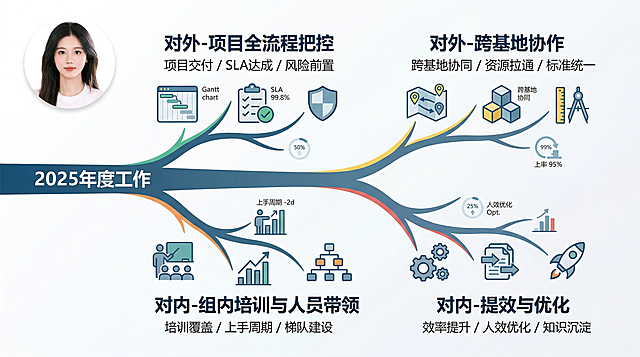 简约商务风述职汇报横版长图，16:9比例，整体配色干净专业。画面左侧放置一个圆形小头像，使用提供的人物证件照。主体为横向从左向右延伸的树杈结构，主干代表2025年度工作。主干分出四个分支，层次清晰不拥挤：
1. 向上分支：对外-项目全流程把控，关键词为"项目交付 / SLA达成 / 风险前置"，配合项目相关小图标
2. 向上分支：对外-跨基地协作，关键词为"跨基地协同 / 资源拉通 / 标准统一"，配合协作相关小图标
3. 向下分支：对内-组内培训与人员带领，关键词为"培训覆盖 / 上手周期 / 梯队建设"，配合人物相关小图标
4. 向下分支：对内-提效与优化，关键词为"效率提升 / 人效优化 / 知识沉淀"，配合齿轮文档相关小图标
整体风格清晰商务，适合述职汇报场景，文字清晰易读。