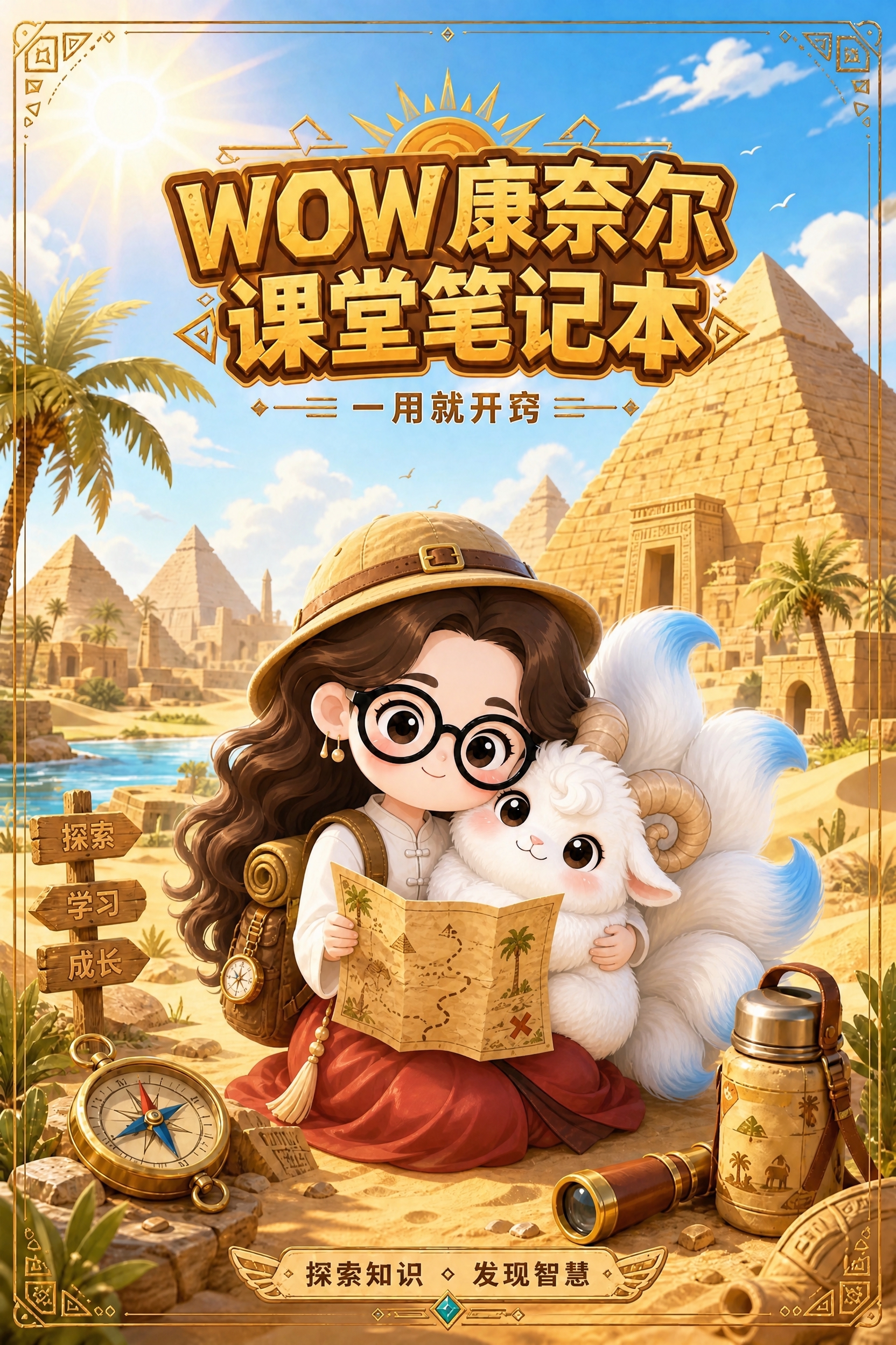 保持原图的埃及金字塔沙漠背景、椰树、尼罗河、顶部金色标题"wo… - 图片创意预览