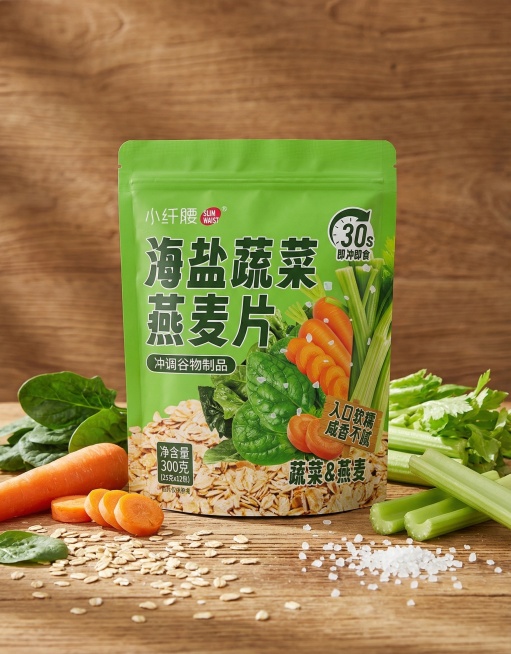 根据这张图片帮我衍生出几张不一样的图片，可以加其他元素，产品是海盐蔬菜燕麦片，产品不变，配料有胡萝卜，菠菜，西芹预览效果