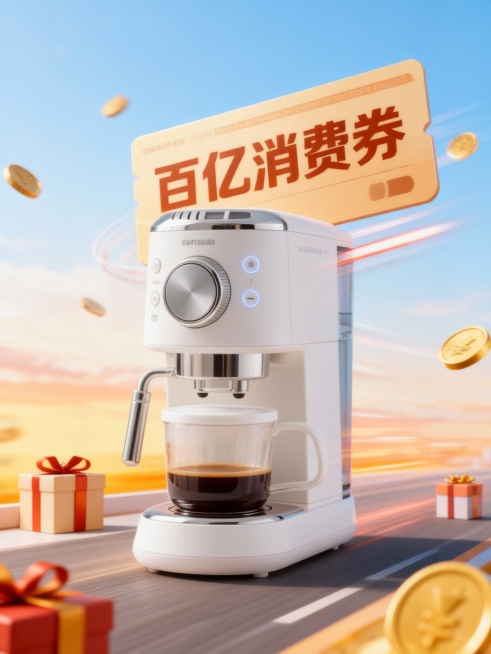 画面以明亮的淡蓝到橙黄的渐变天空为背景，营造出梦幻且富有活力的氛围。平台上立着一个巨大卡片“百亿消费券”。参考图中的商品围绕着券飞翔，后面有速度线，同时飞着礼盒、金色硬币等元素预览效果