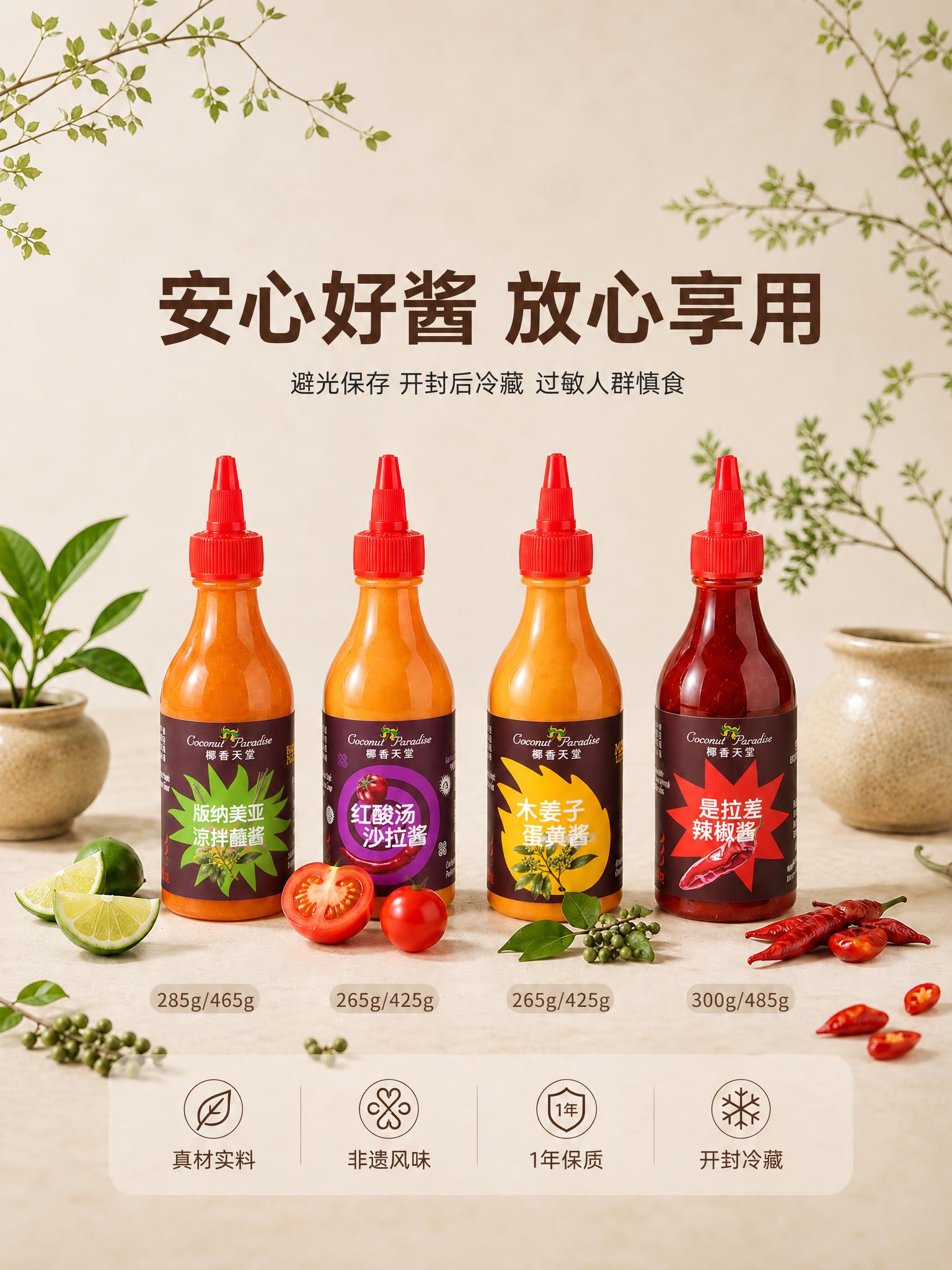 将图中四瓶酱料的瓶身标签从左到右依次替换为：版纳美亚凉拌蘸酱、… - 图片创意预览