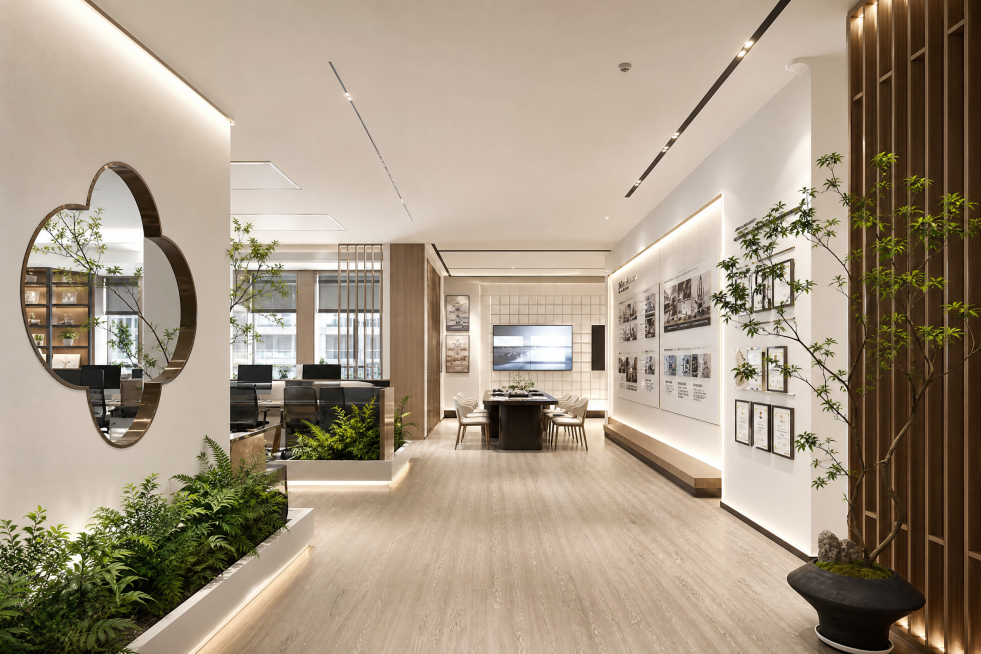 设计一间广告公司产品展示厅，整体空间尺寸为5.5米宽、13米长，前7米规划为综合办公室，后6米规划为产品展示厅，展厅与综合办公室融合设计，在展示厅区域放置一张会议桌，融入参考图片中的花形镂空装饰隔断、预览效果