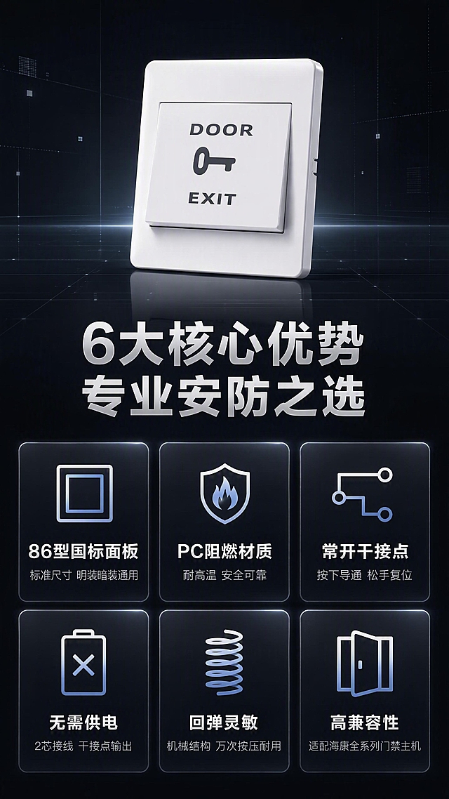 [第3张] 详情页核心卖点总览-海康威视EB29出门按钮6大优势。本张使用【图1】作为产品主体展示，保持产品白色86型方形面板、DOOR EXIT钥匙标识、方正外观与输入图完全一致，禁止变形。
[氛围/风格] 高端科技风，黑银配色，专业安防质感，信息卡片式布局。
[元素布局] 产品正面图置于画面顶部中央，占比约30%，悬浮在深色科技背景中；下方为6个卖点卡片，3列2行网格排列，每卡含图标+标题+短句；背景有细微银灰色网格线与光点装饰。
[光影质感] 产品顶部均匀柔光打亮，边缘有银色轮廓光；卡片有微弱内发光效果，整体通透有层次。
[配色色系] 全局底色 #0F0F14 深黑；主色银白 #F0F0F5；辅助色科技蓝银 #8899BB；卡片底色 #1A1A22。
[视角构图] 上下结构，上产品下卡片矩阵，居中对称构图，信息清晰易读。
[文字版式] 产品下方主标题「6大核心优势 专业安防之选」，银白粗体；6张卖点卡片分别为：①「86型国标面板」配方形图标+「标准尺寸 明装暗装通用」②「PC阻燃材质」配盾牌图标+「耐高温 安全可靠」③「常开干接点」配电路图标+「按下导通 松手复位」④「无需供电」配电池叉号图标+「2芯接线 干接点输出」⑤「回弹灵敏」配弹簧图标+「机械结构 万次按压耐用」⑥「高兼容性」配门禁图标+「适配海康全系列门禁主机」。图标银蓝色，标题白色，说明浅灰色。
[比例分辨率] 9:16竖版比例，4K分辨率，文字清晰可辨，高清画质。
[负向提示词] 产品变形，颜色偏差，文字错乱，水印，图标模糊，卡片杂乱，产品塑料质感失真。