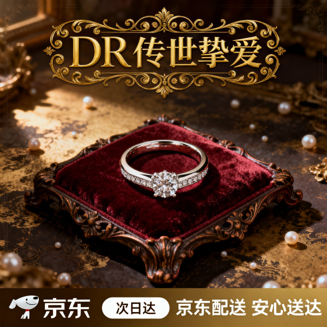 复古宫廷风DR订婚戒指京东配送电商主图，1:1比例。顶部用欧式复古花体金色字体写"DR 传世挚爱"，字体周围搭配精致的金色卷草纹装饰。中部DR订婚戒指放置在雕花复古 velvet 酒红色丝绒垫上，背景预览效果