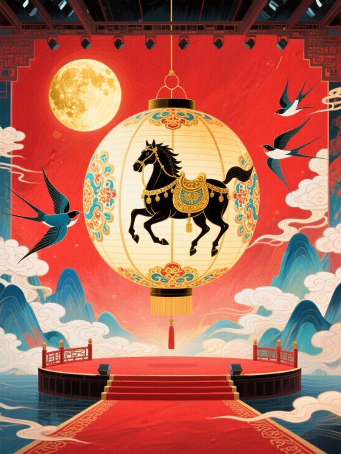 主体是悬空球形宫灯（灯面上绘制披挂鎏金华丽鞍具的黑色奔马图腾和宝相花纹）占画面比例50%，宫灯位于国潮风舞台中央，舞台上有红色地毯。背景为正红底 + 金色满月，飞燕在舞台两侧飞舞，色调以红、金、青蓝为预览效果