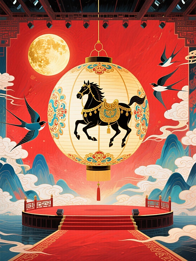 主体是悬空球形宫灯（灯面上绘制披挂鎏金华丽鞍具的黑色奔马图腾和宝相花纹）占画面比例50%，宫灯位于国潮风舞台中央，舞台上有红色地毯。背景为正红底 + 金色满月，飞燕在舞台两侧飞舞，色调以红、金、青蓝为主。整体呈现现代国潮舞台视觉。