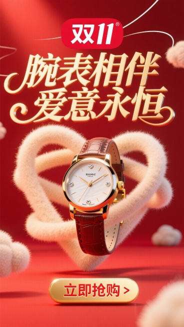 商业摄影风格，比例 16:9。以鲜艳的红色为背景，营造热烈氛围。画面正中央是巨大且优雅的主标题 “腕表相伴 爱意永恒”，采用金色立体艺术字体，笔画粗细变化富有韵律，表面有细腻的光泽质感，像是被柔和灯光预览效果