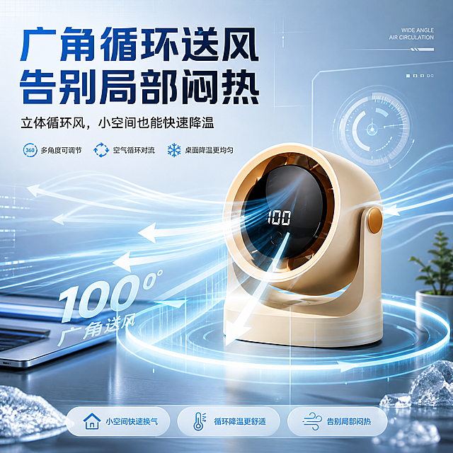 桌面循环小风扇，展示广角循环送风动态效果，搭配风路箭头示意图，展示循环降温效果，主标题"广角循环送风 告别局部闷热"，副标题"立体循环风，小空间也能快速降温"，卖点小字"多角度可调节 空气循环对流 桌面降温更均匀"，动态科技感电商主图