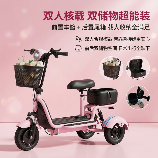8K 超高清，超写实商业摄影，严格还原上传的产品图，包括车身设计、结构、前置镂空车篮、可调节主座椅、带靠背后置副座椅 + 储物尾箱、前后减震、轮胎、大灯等所有细节，产品尺寸 130×67×95cm，画预览效果