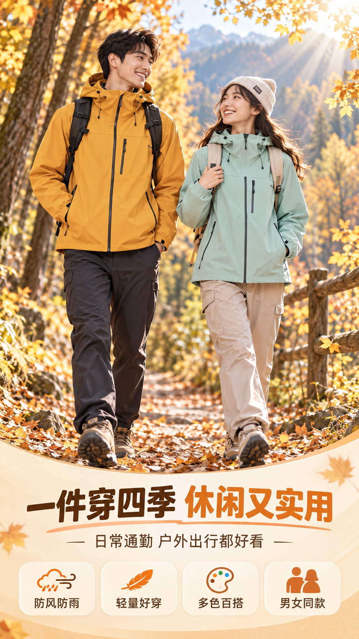户外冲锋衣男女同款电商海报。秋日山林中男女模特穿着防风外套，展… - 图片创意预览