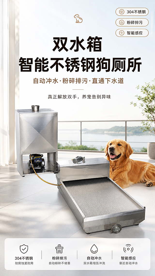极简轻奢科技风画面，画面中心展示304不锈钢智能狗厕所全景，搭配金毛中大型犬温馨使用场景，背景为干净明亮的居家阳台，画面右上角放置简约质感卖点标签：304不锈钢、粉碎排污、智能感应，主文案"双水箱智能不锈钢狗厕所 自动冲水·粉碎排污·直通下水道 真正解放双手，养宠告别异味"居中排布，字体粗黑醒目，层级清晰，整体排版大气简约，重点信息突出，高清8K分辨率，产品不锈钢拉丝纹理清晰细腻，金属质感通透，场景光影柔和自然，色彩干净高级，无模糊噪点，整体质感轻奢精致
