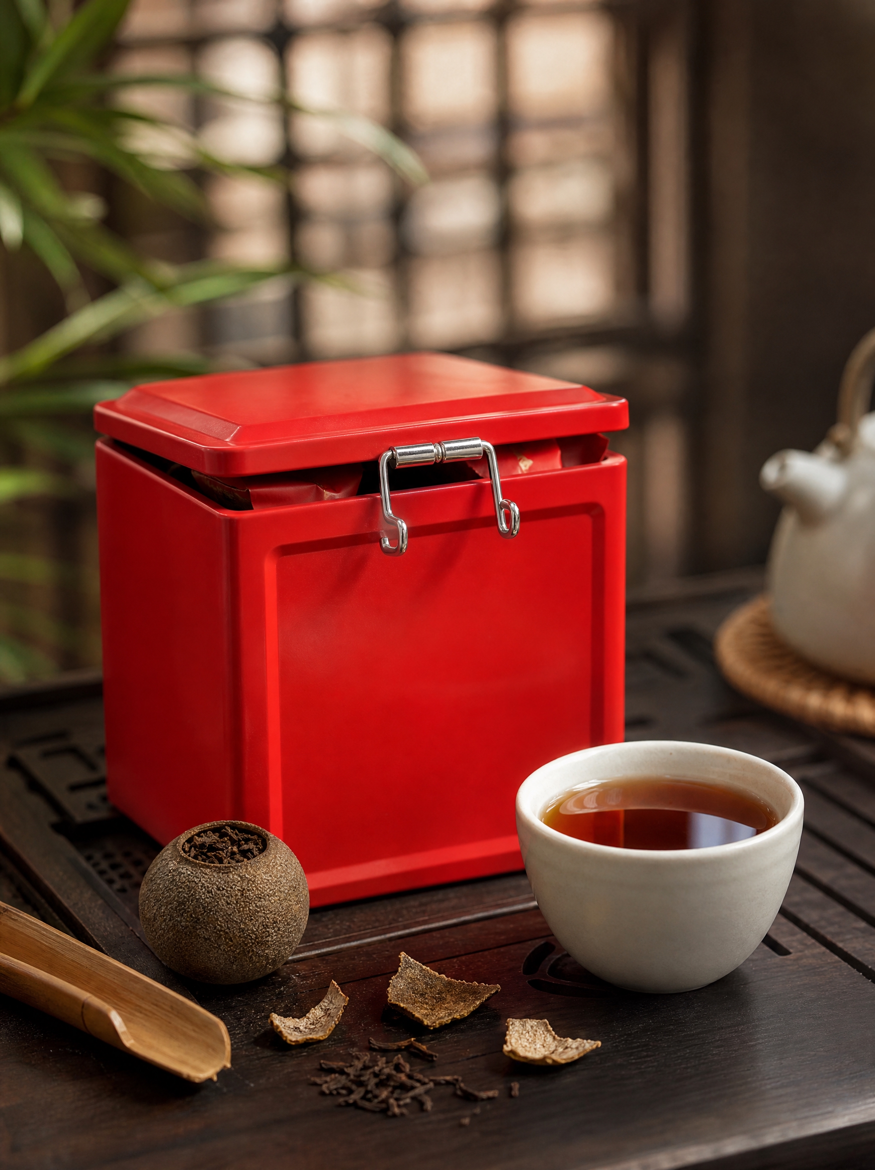 [无文字摆拍-1] 中式茶席场景，正方形红色铁盒+小青柑+茶具… - 图片创意预览