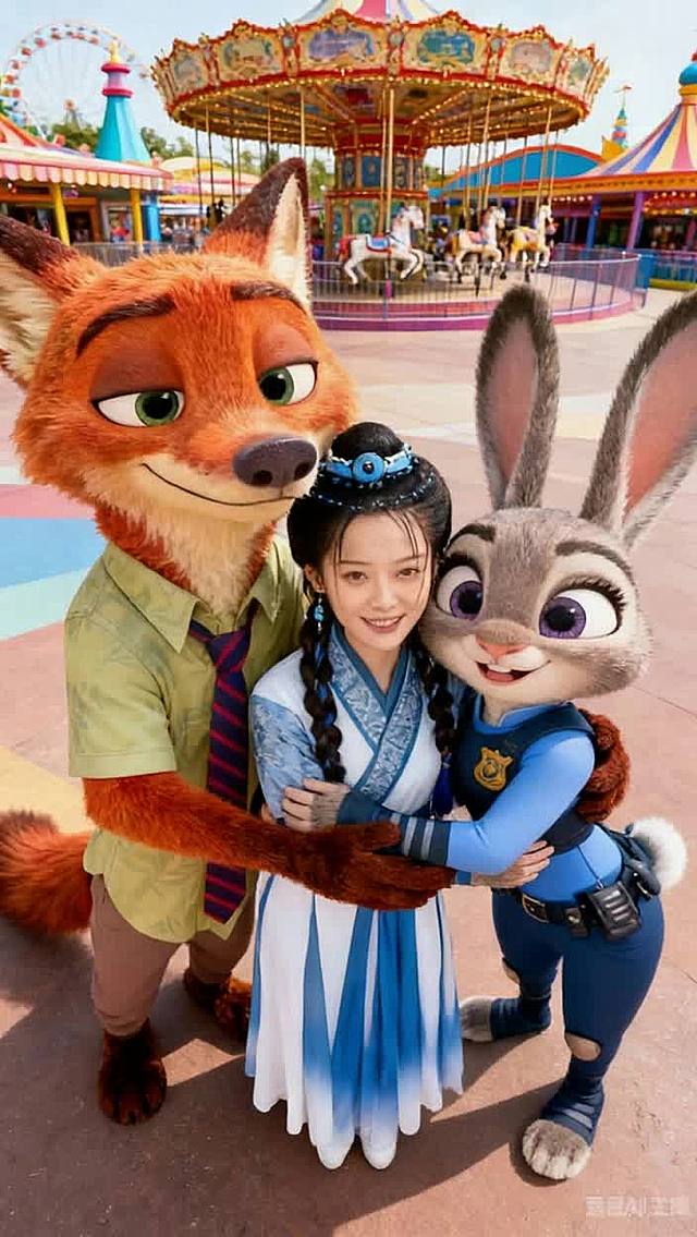 卡通感十足的3D角色风设计，融合动漫风格与真人元素，游乐园背景增添节日欢乐氛围，生动呈现跨次元互动场景。