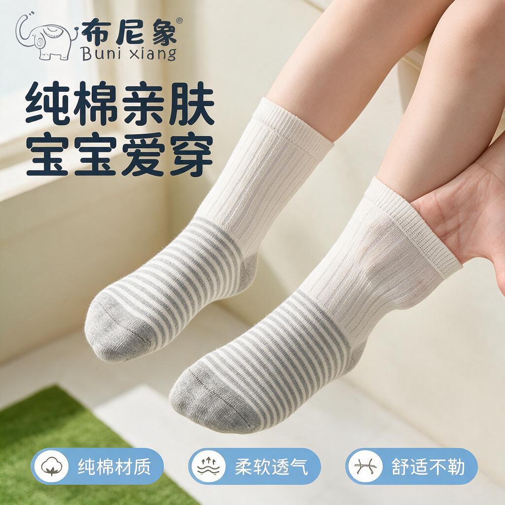 [主图-1] 儿童纯棉条纹中筒袜首图，突出纯棉亲肤舒适卖点，宝… - 图片创意预览