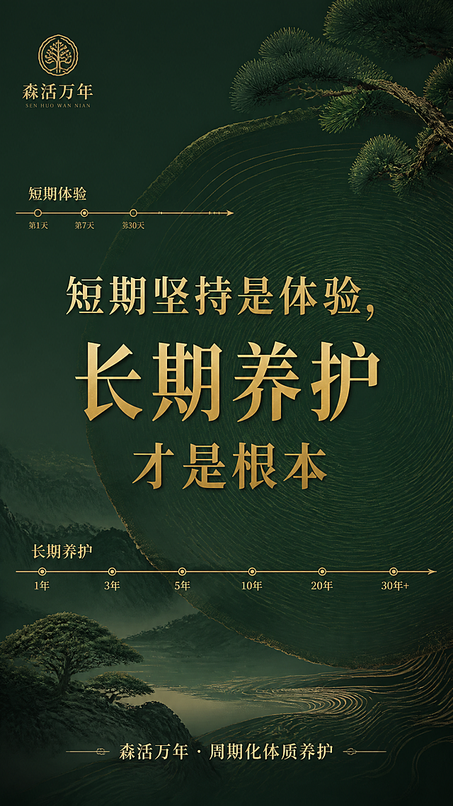 森活万年朋友圈长图海报，新中式健康养生风格，深墨绿色背景。画面中央大字金句"短期坚持是体验，长期养护才是根本"，金色宋体，分两行，"长期养护"四字稍大。底部小字"森活万年 · 周期化体质养护"。背景有长短两条时间轴、树木年轮纹理，表达长期主义。竖版9:16构图。版式精美。无二维码。