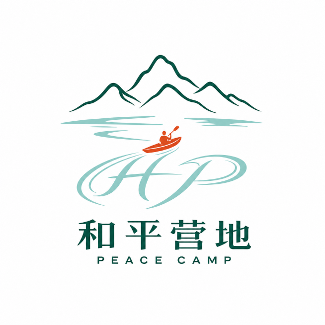 干净纯白色背景。平面logo设计，主体图案由简约线条勾勒出墨绿远山、浅青水面，一艘橙红皮划艇划过水面，艇后涟漪弧线拼成拼音首字母"H"和"P"，图字一体，下方配有文字"和平营地 PEACE CAMP"预览效果